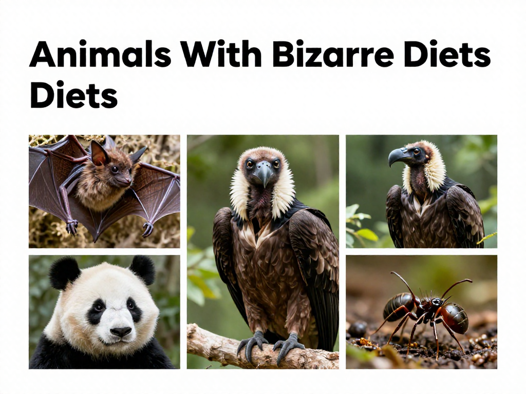 Pinterest pin graphic titled Animals With Bizarre Diets featuring a collage of a vampire bat, bearded vulture, giant panda, and honeypot ant