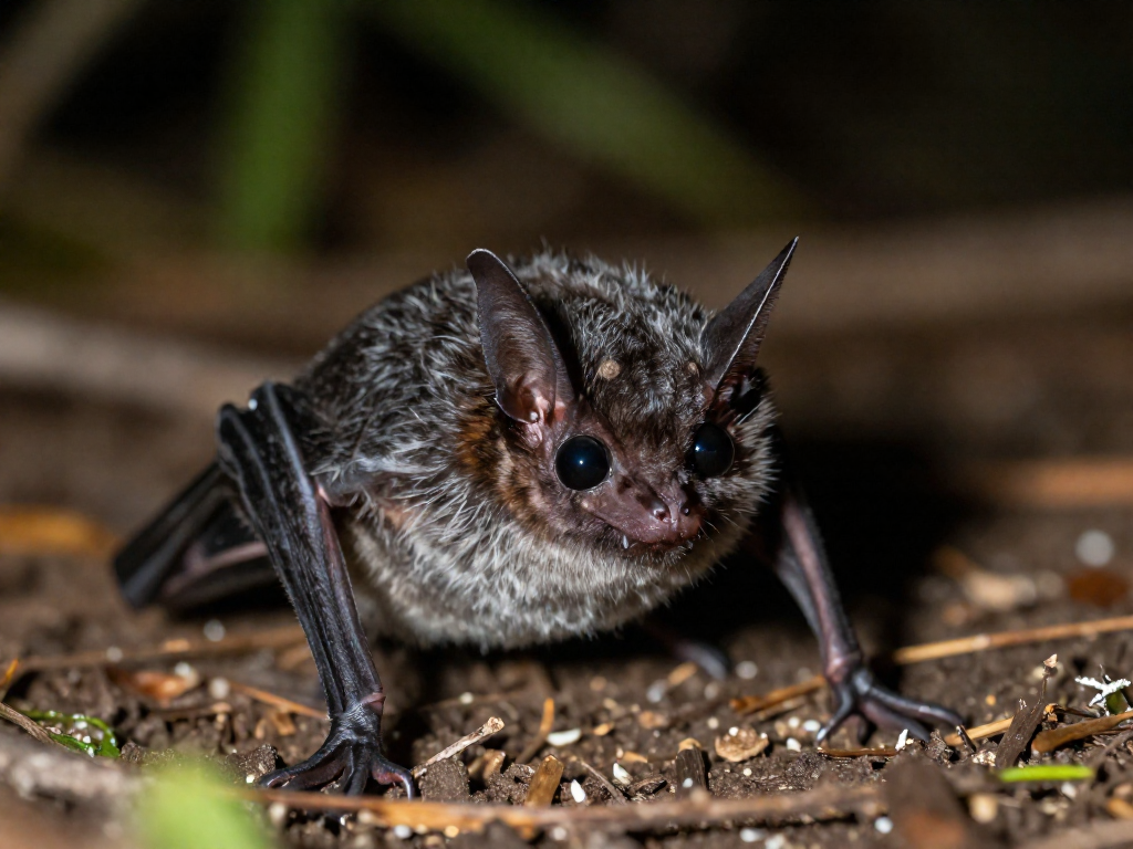A common vampire bat on the forest floor at night in close-up detail