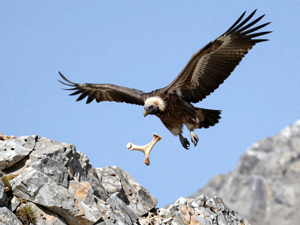 A bearded vulture flying over rocky mountains and dropping a bone from the sky