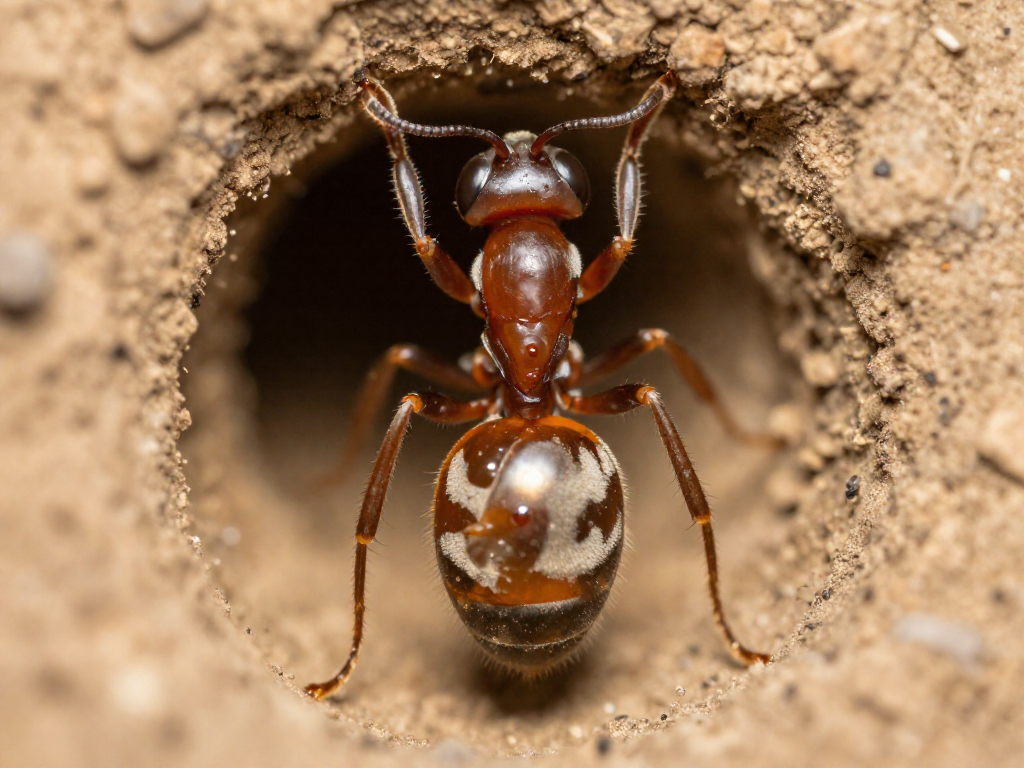 A honeypot ant with a swollen amber abdomen full of nectar inside its nest