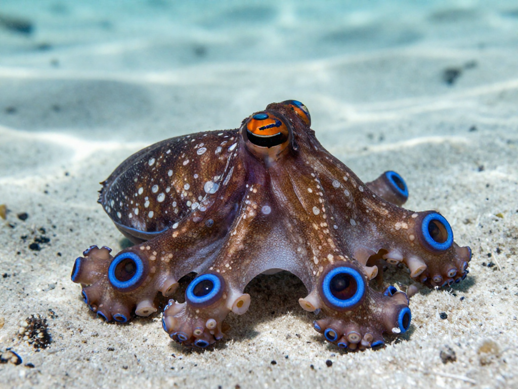 Close-up of a blue-ringed octopus displaying its bright blue warning rings on a sandy seabed