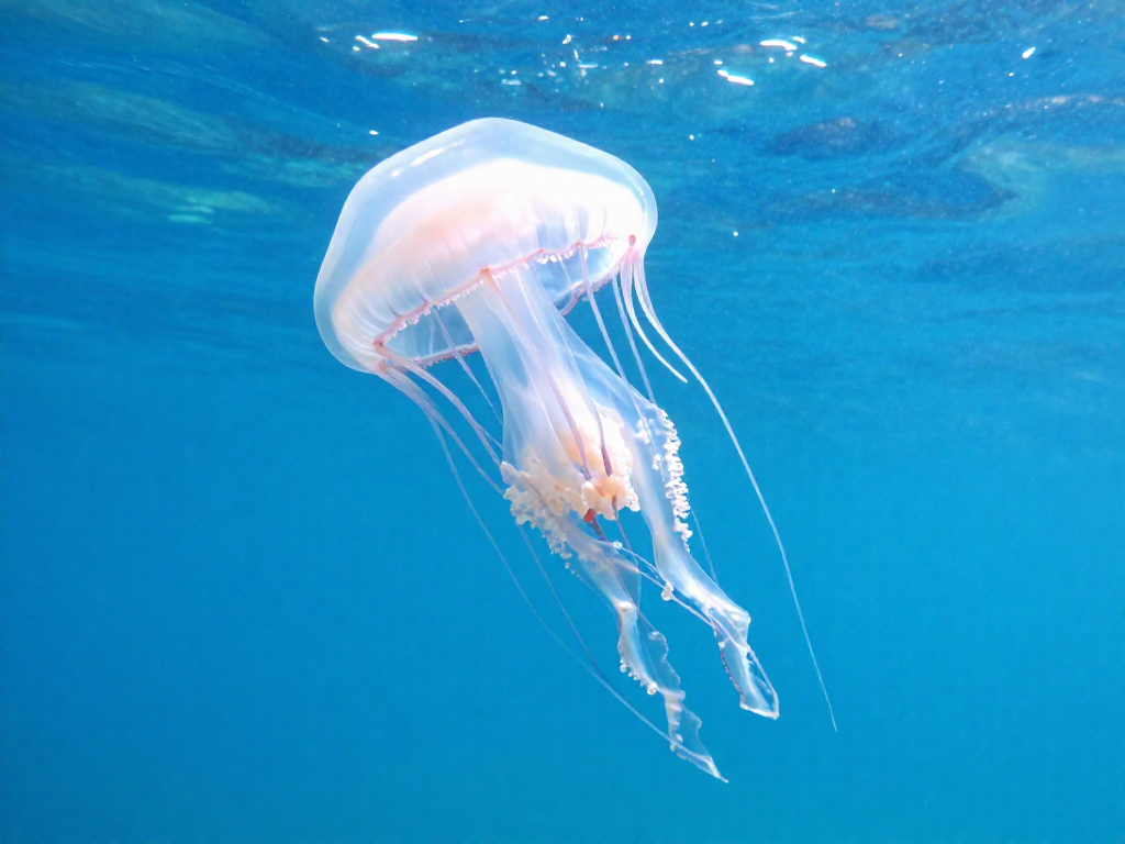 A translucent box jellyfish drifting in clear blue water with its long tentacles visible