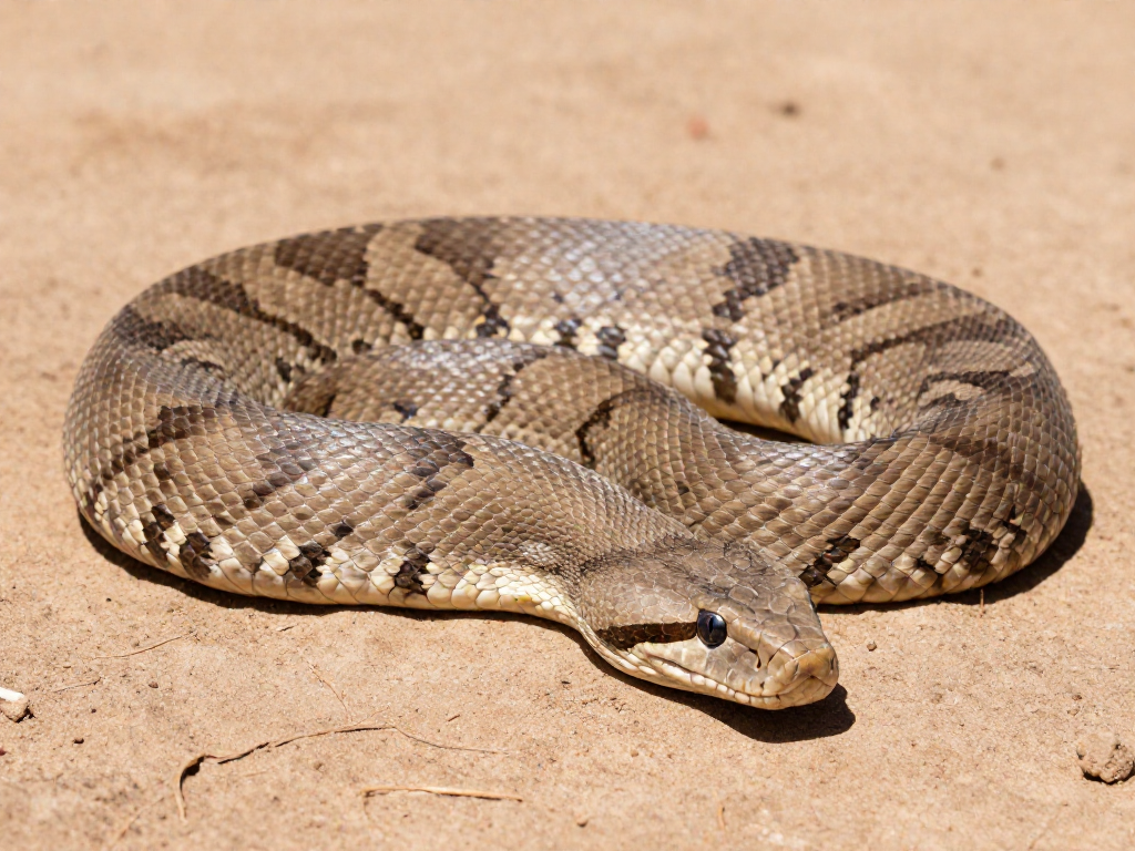 Close-up portrait of an inland taipan snake coiled on dry cracked earth