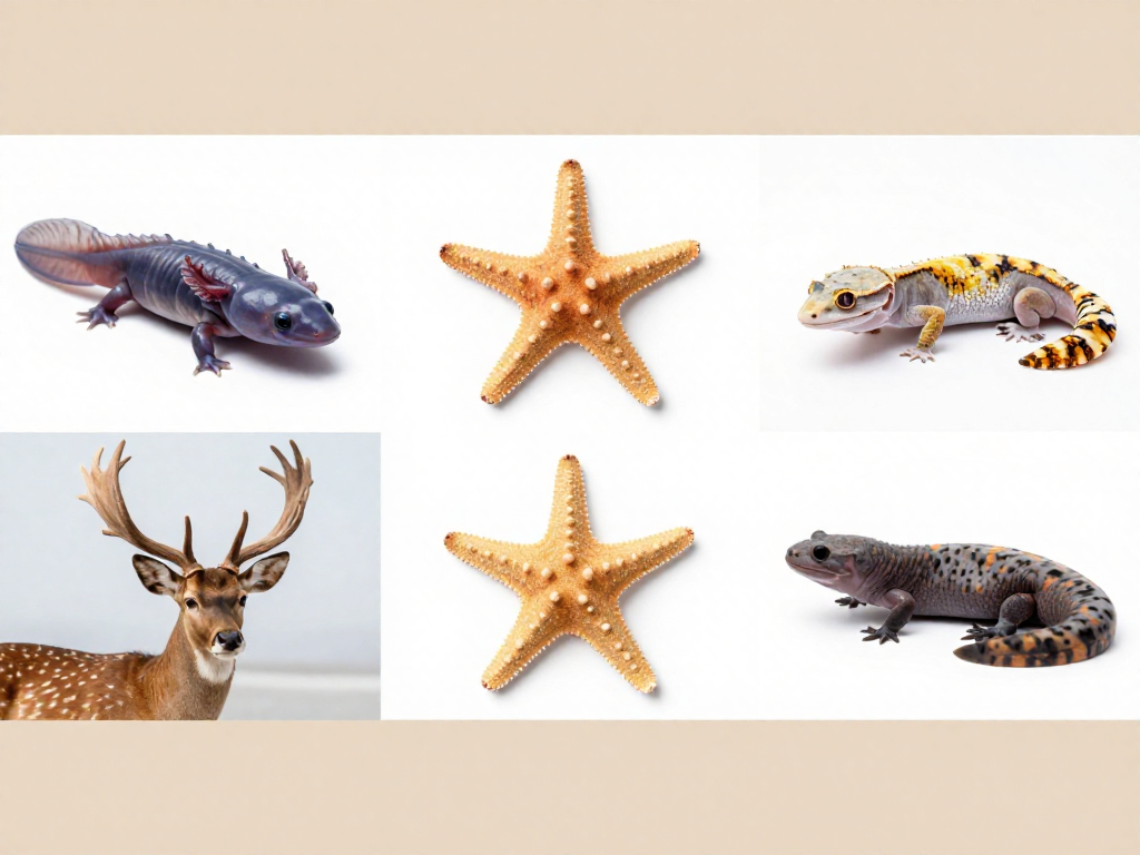 Vertical collage pin of 12 animals that can regrow body parts including an axolotl, starfish, and gecko