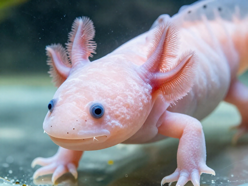 Close-up of a pink axolotl underwater showing a small newly regrown limb