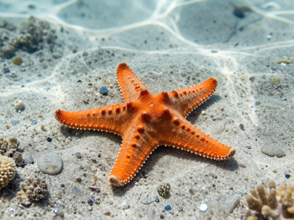 Orange starfish on the seafloor regrowing one shorter arm