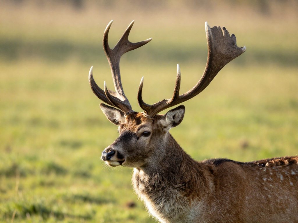 Buck in a meadow with fuzzy velvet-covered antlers growing