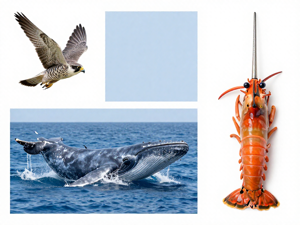 Collage of a peregrine falcon diving, a blue whale surfacing, and a colorful pistol shrimp
