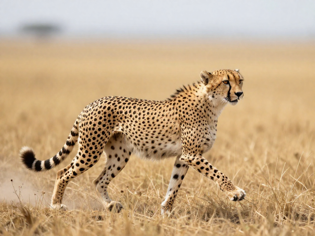 Cheetah sprinting at full speed across a savanna with motion blur behind it
