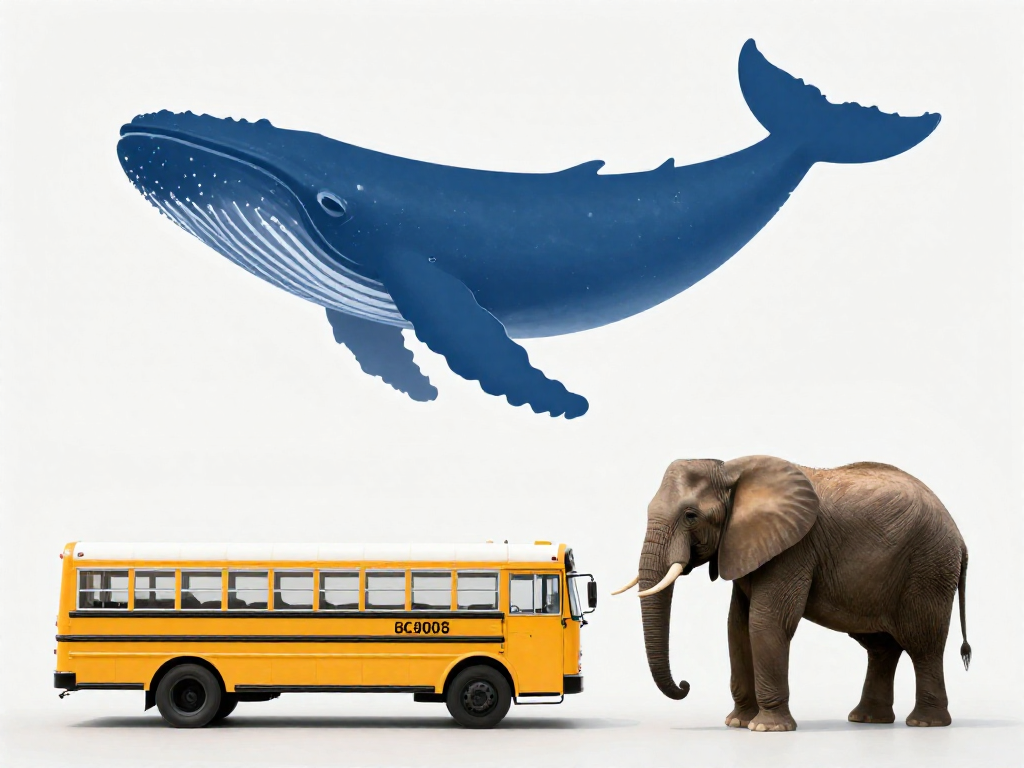 Size comparison showing a blue whale next to a school bus and an elephant