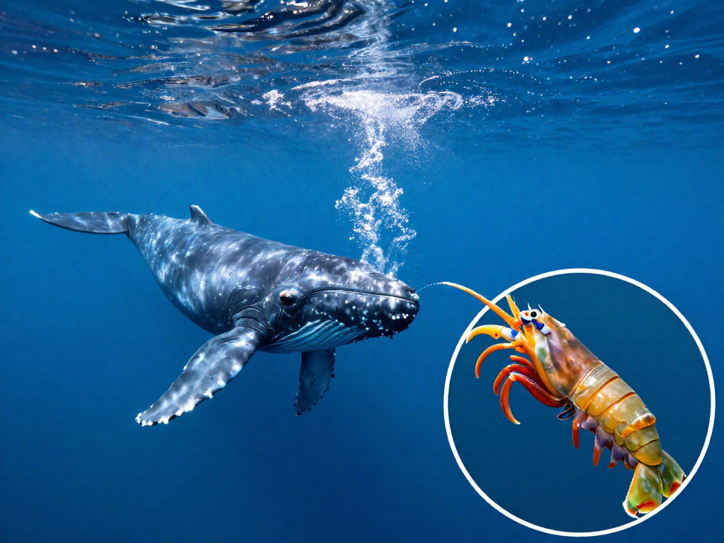 Sperm whale in deep ocean alongside a pistol shrimp snapping its claw