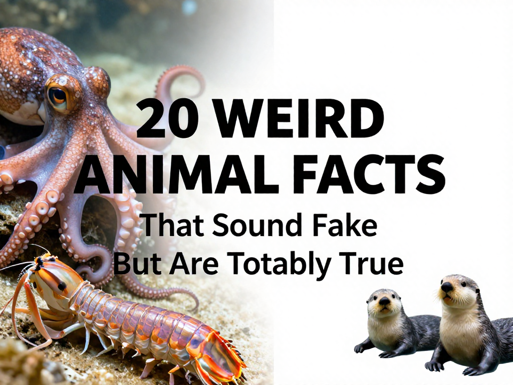 Vertical Pinterest pin titled '20 Weird Animal Facts That Sound Fake But Are Totally True' with octopus, mantis shrimp and sea otters