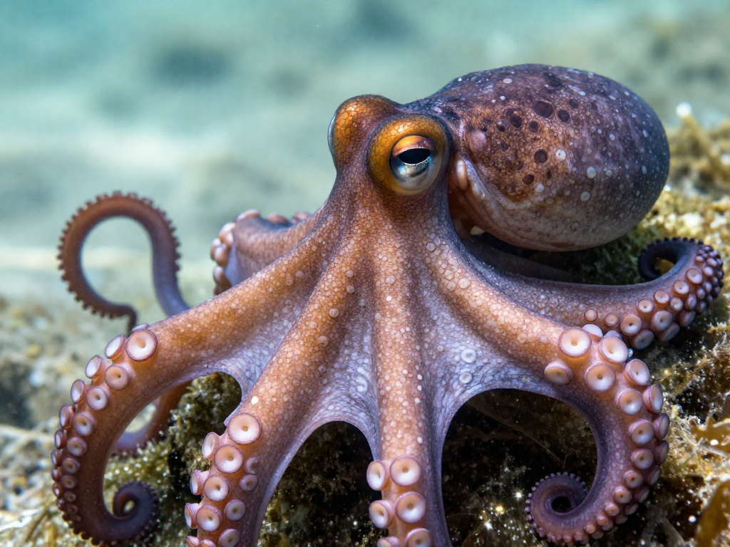 Detailed close-up of an octopus underwater showing its complex body and eye