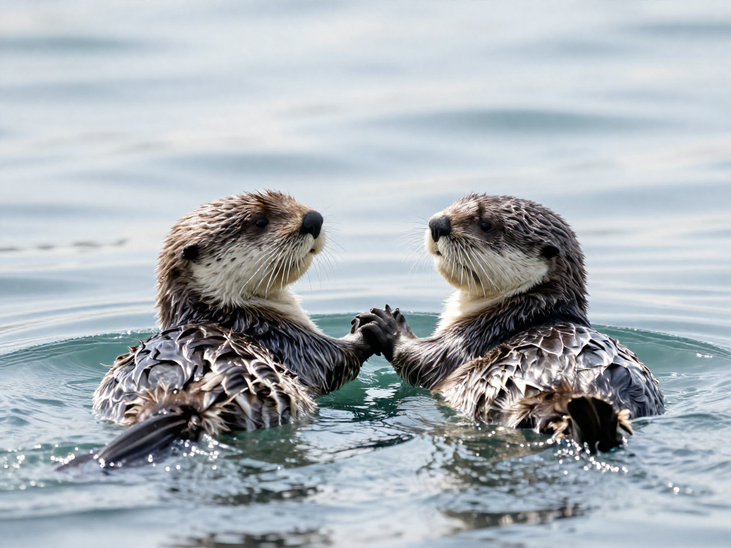 Two sea otters floating on their backs holding paws on calm water