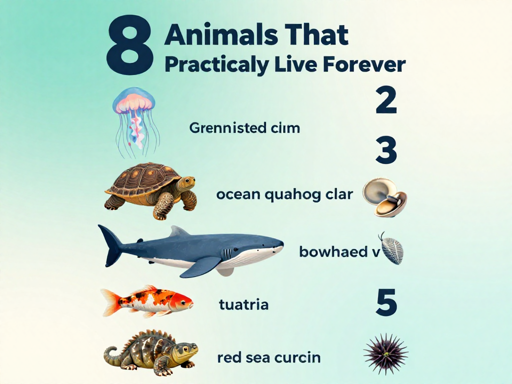 Vertical infographic ranking eight long-lived animals by lifespan from immortal jellyfish to giant tortoise