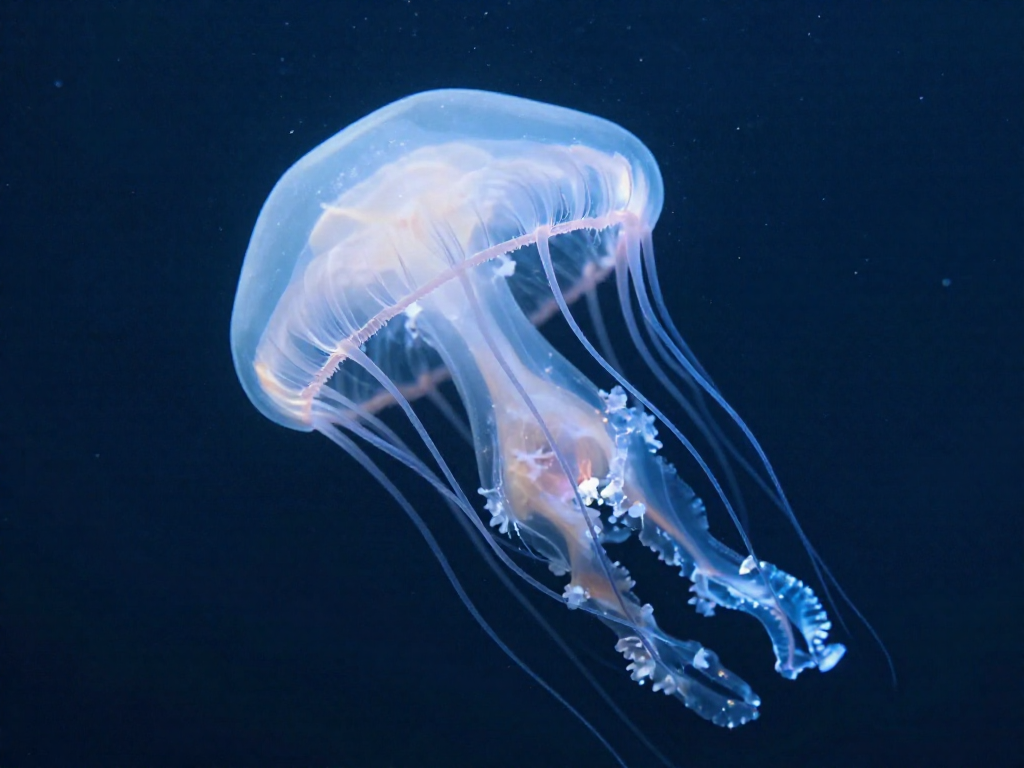 Close-up of a translucent immortal jellyfish drifting in dark ocean water