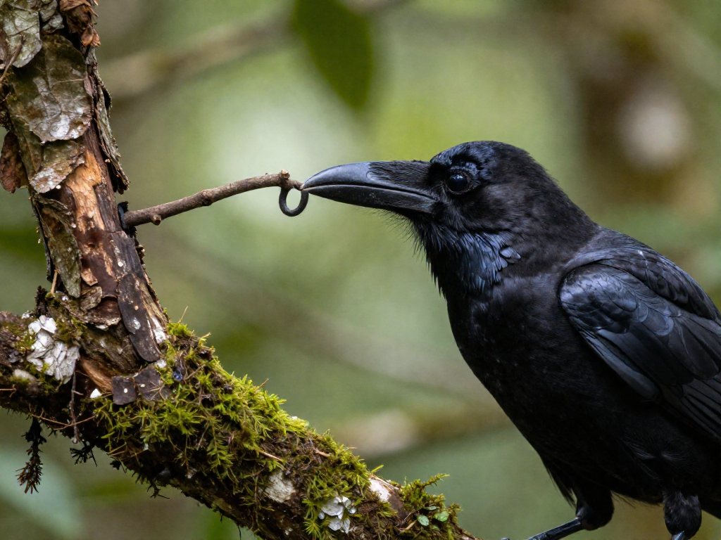 A New Caledonian crow uses a hooked stick as a tool to extract food from a crevice.