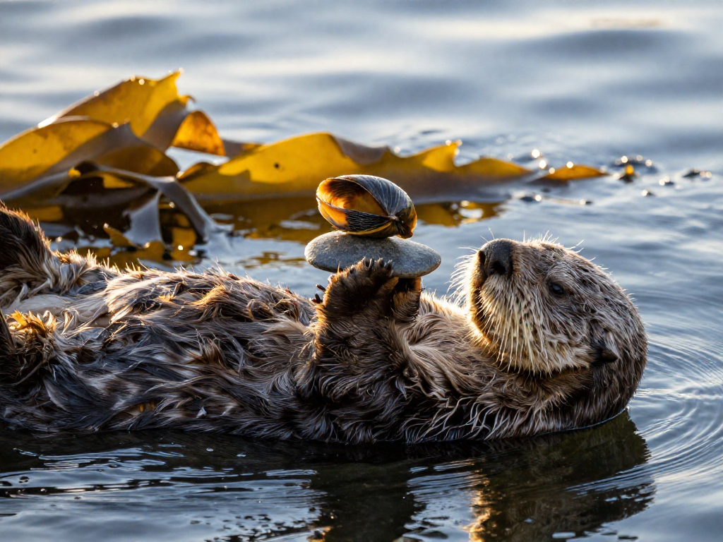A sea otter floats on its back, using a rock balanced on its chest as an anvil to crack open shellfish.