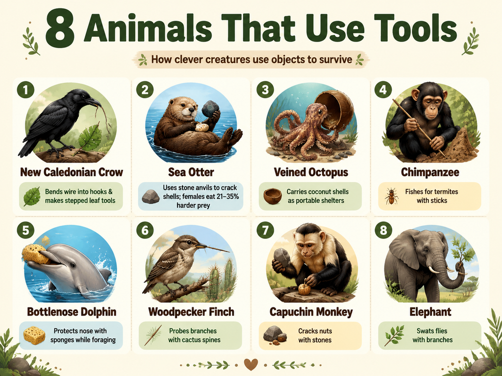 An infographic titled '8 Animals That Use Tools' featuring illustrated icons of a New Caledonian crow, sea otter, veined octopus, chimpanzee, bottlenose dolphin, woodpecker finch, capuchin monkey, and elephant, each with a short fact about their tool use.