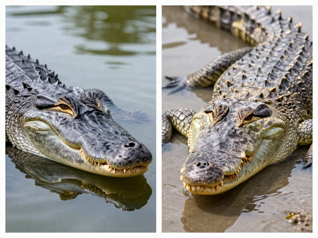 Side-by-side close-up of an alligator's wide U-shaped snout and a crocodile's narrow V-shaped snout