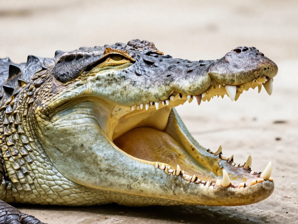 Close-up of a crocodile's jaw showing bottom teeth visible outside the mouth when closed