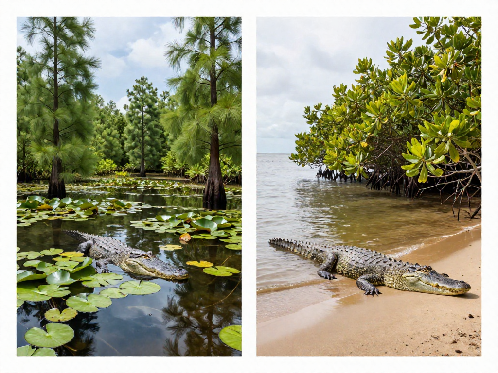 Alligator in a freshwater swamp beside a crocodile in a coastal saltwater estuary showing habitat differences