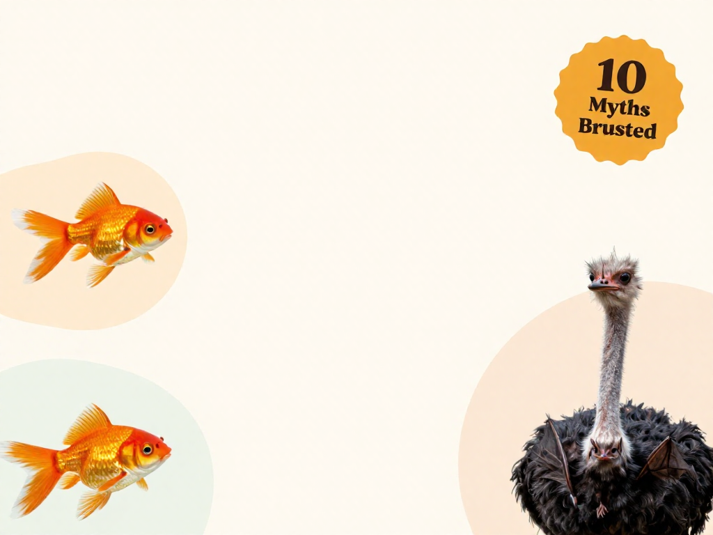 Vertical Pinterest pin graphic featuring a goldfish, bat, and ostrich with space for a '10 Myths Busted' title overlay