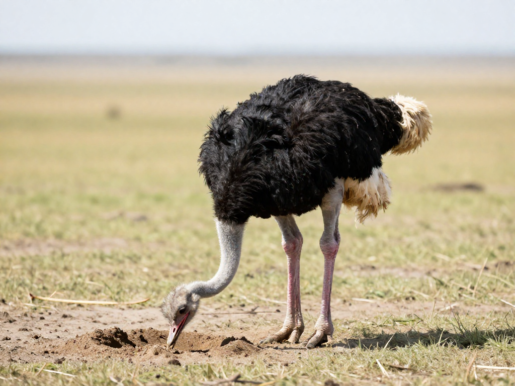 An ostrich lowering its head to the ground in a savanna, showing it does not actually bury its head in sand