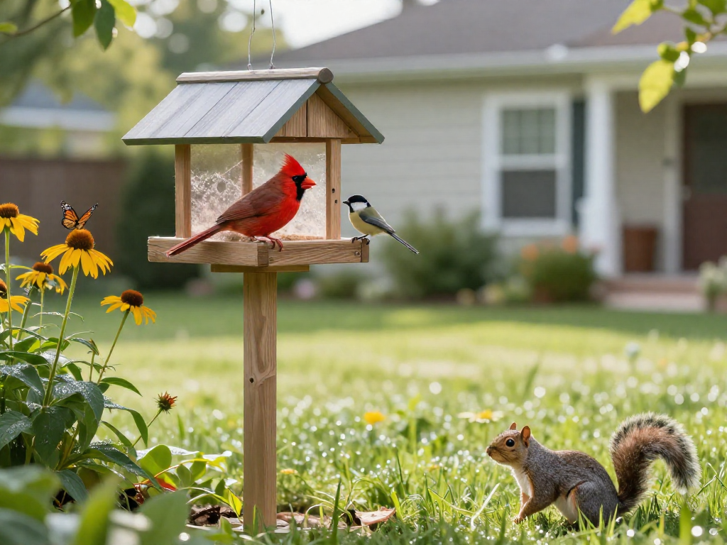 A sunny suburban backyard with a cardinal and chickadee at a feeder, a squirrel on the grass, and butterflies over blooming flowers.