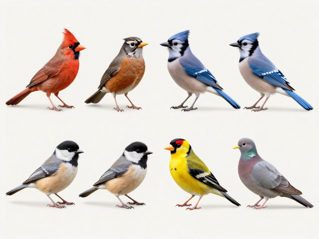 An identification chart showing six common US backyard birds side by side, including a cardinal, robin, blue jay, chickadee, goldfinch, and mourning dove.