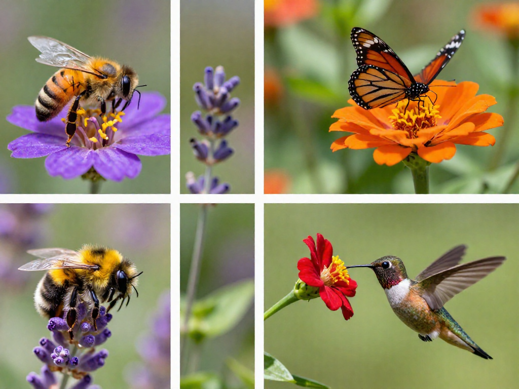 A four-panel photo grid of backyard pollinators: a honeybee, a monarch butterfly, a bumblebee, and a ruby-throated hummingbird on flowers.