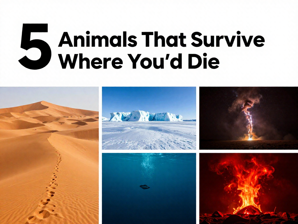 Pinterest pin graphic titled '5 Animals That Survive Where You'd Die' with panels for heat, cold, deep-sea pressure, and low oxygen