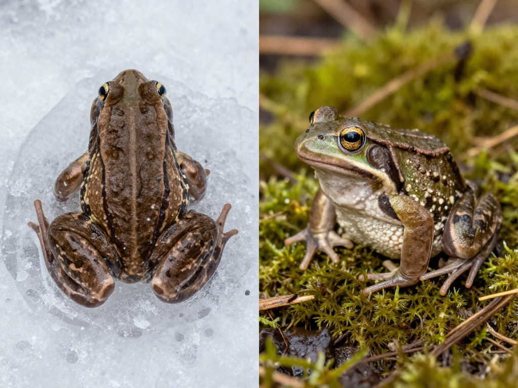 A wood frog frozen in ice next to the same frog thawed and active on moss
