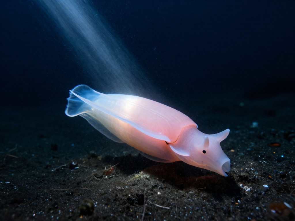 A pale snailfish swimming in the dark deep waters of the Mariana Trench