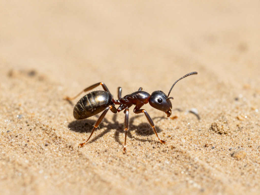 A silvery Saharan silver ant standing on hot rippled desert sand