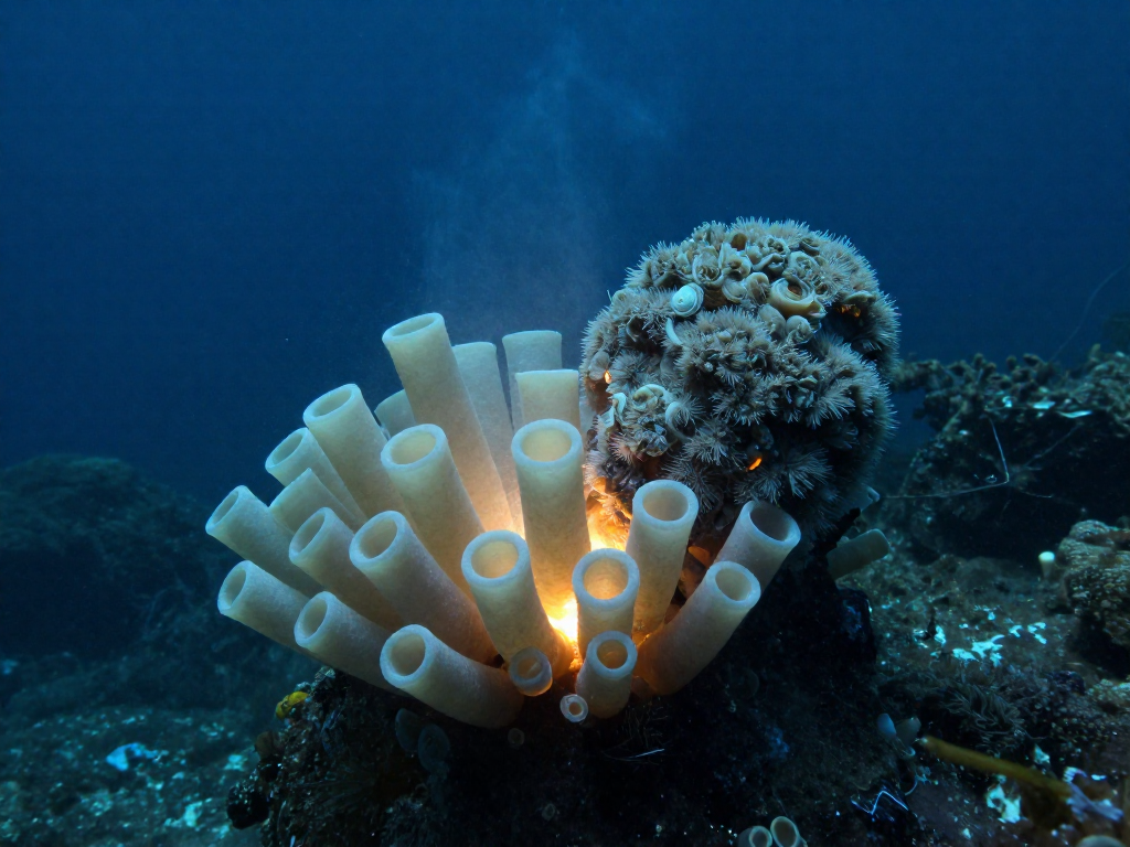 A Pompeii worm on a hydrothermal vent chimney in the deep sea