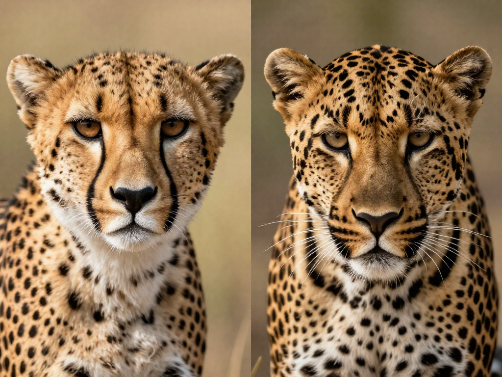 Side-by-side comparison of a cheetah's face with tear marks and a leopard's face without tear marks.