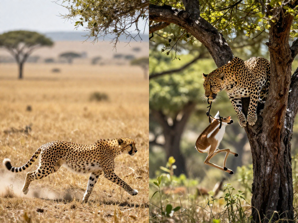 Cheetah running on open grassland and leopard climbing a tree carrying prey, side by side.