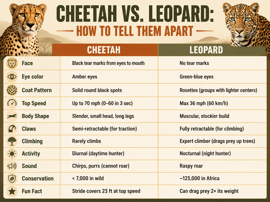An infographic comparing cheetahs and leopards with side-by-side features: cheetah has tear marks, solid spots, and runs up to 70 mph; leopard lacks tear marks, has rosette spots, and runs up to 36 mph. Other traits include claw type, climbing ability, activity time, vocalizations, and conservation status.