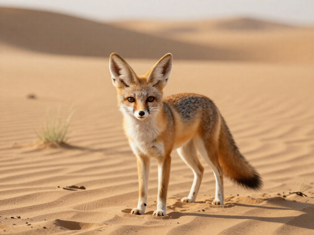 A fennec fox with large ears standing on desert sand at golden hour