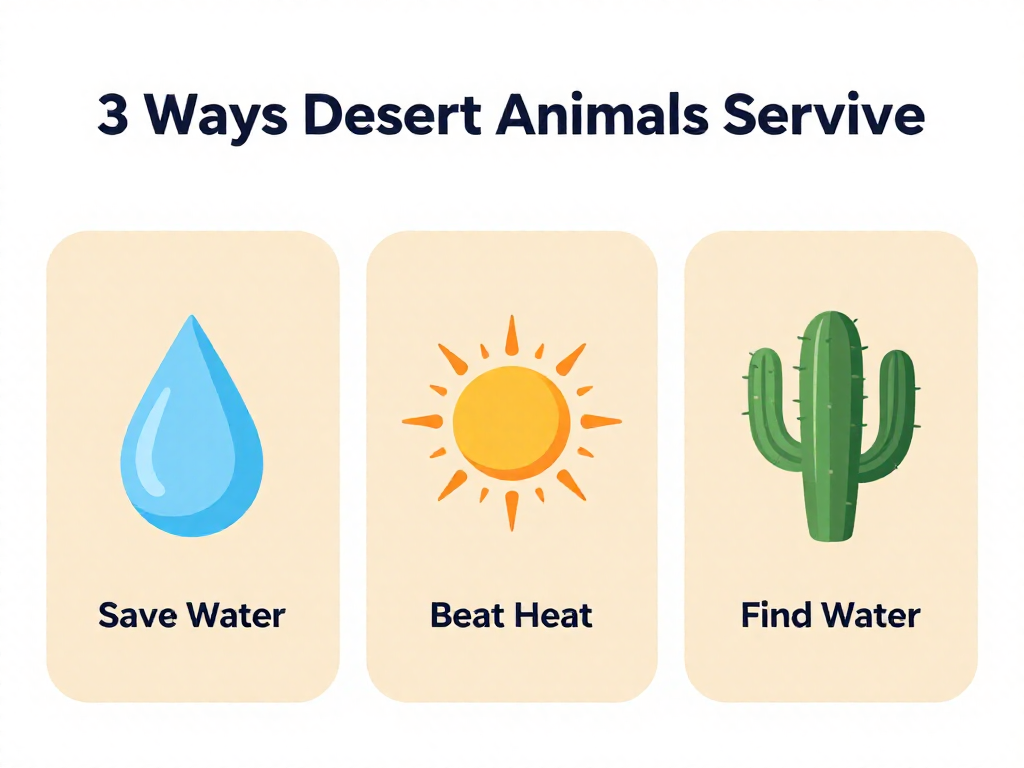 Infographic showing three ways desert animals survive: save water, beat heat, find water