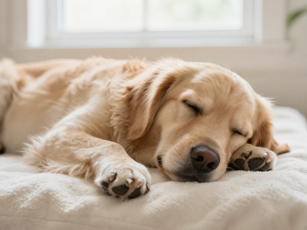 A golden retriever asleep on a cream blanket with paws twitching, suggesting the dog is dreaming