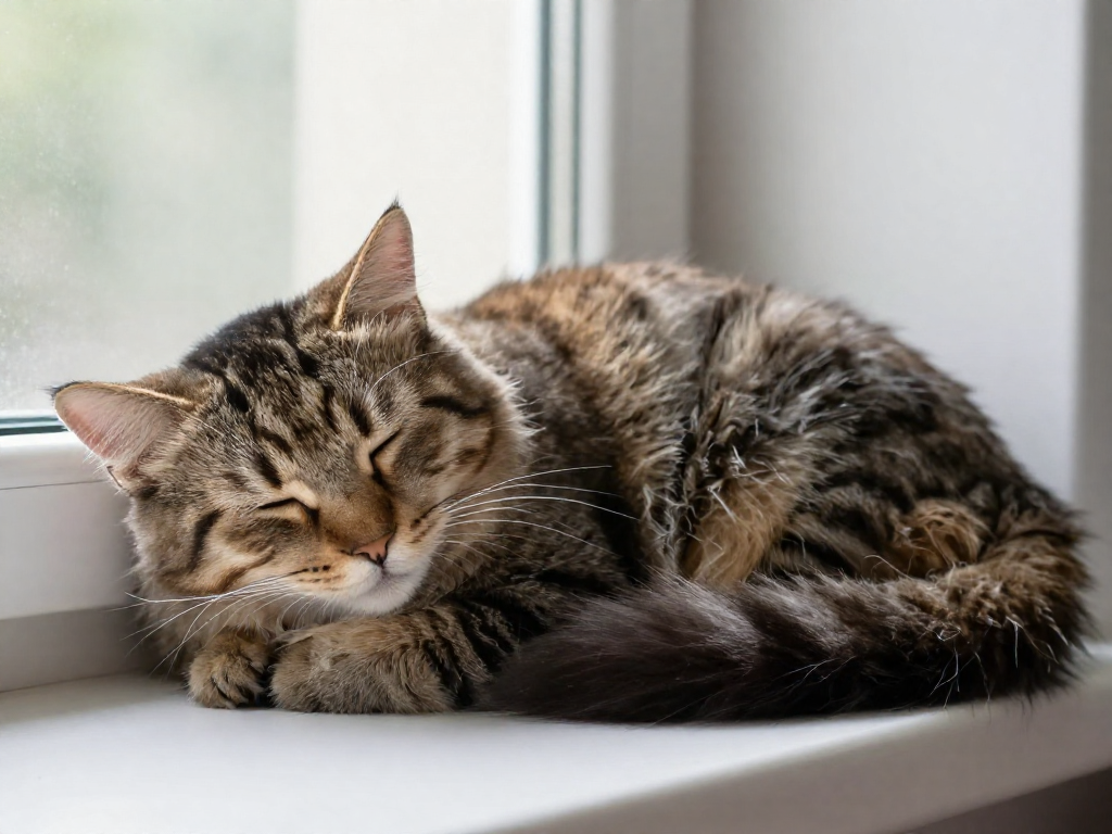 A tabby cat curled up asleep on a sunny windowsill, appearing to dream
