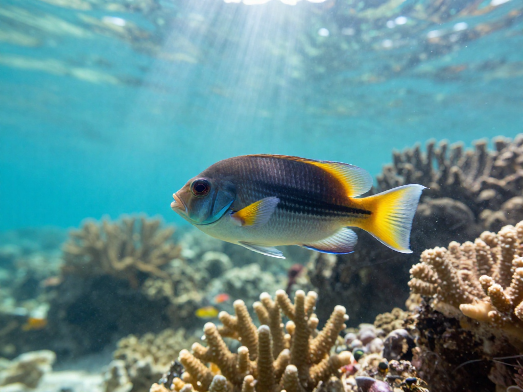 A colorful reef fish hovering motionless with open eyes near coral in clear sunlit water