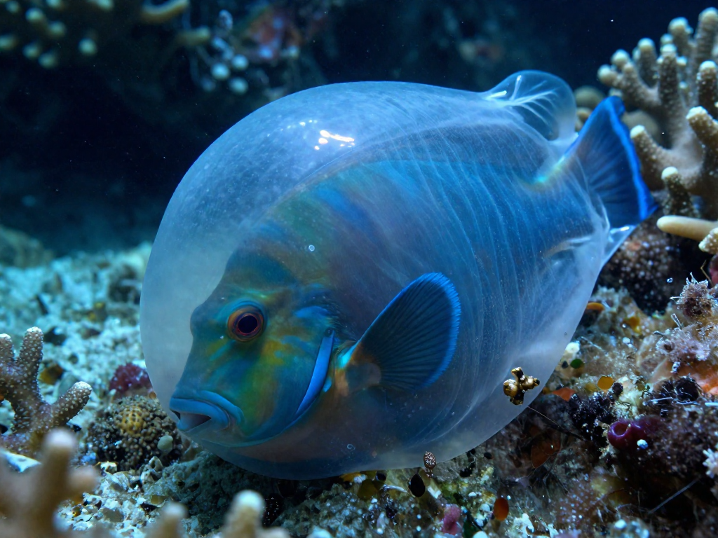 A parrotfish sleeping at night wrapped in a translucent mucus cocoon among coral