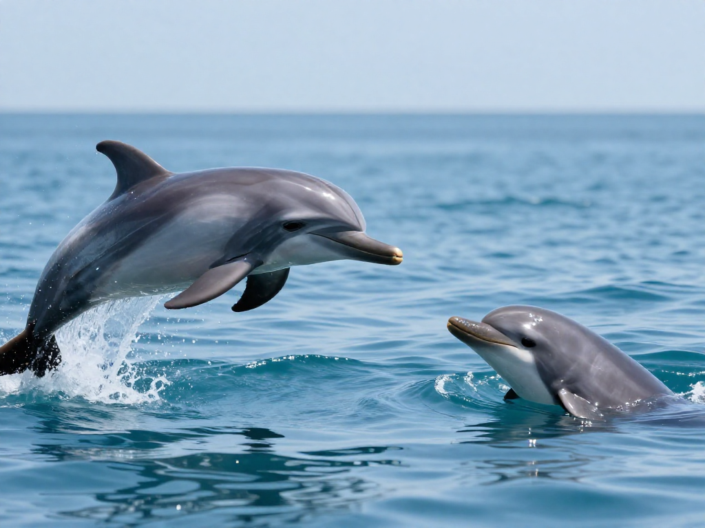 A bottlenose dolphin with a long beak beside a harbor porpoise with a short rounded face in blue ocean water