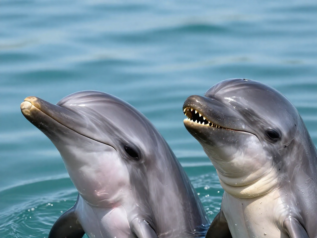 Close-up comparison of a dolphin's long beak with visible teeth and a porpoise's short rounded face