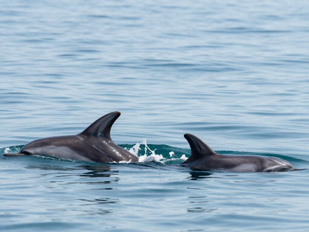 A curved sickle-shaped dolphin dorsal fin beside a small triangular porpoise dorsal fin above ocean water