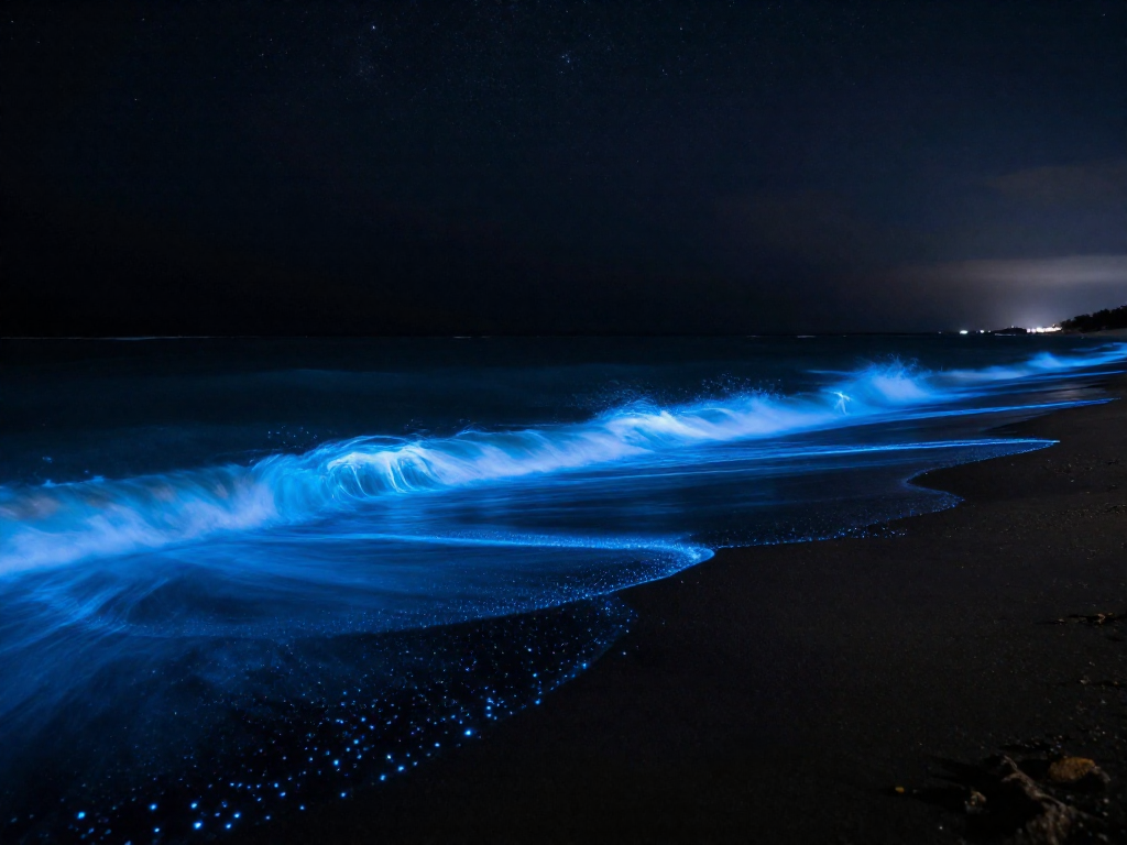 A bioluminescent ocean wave glowing bright blue as it breaks on a dark beach at night under a starry sky