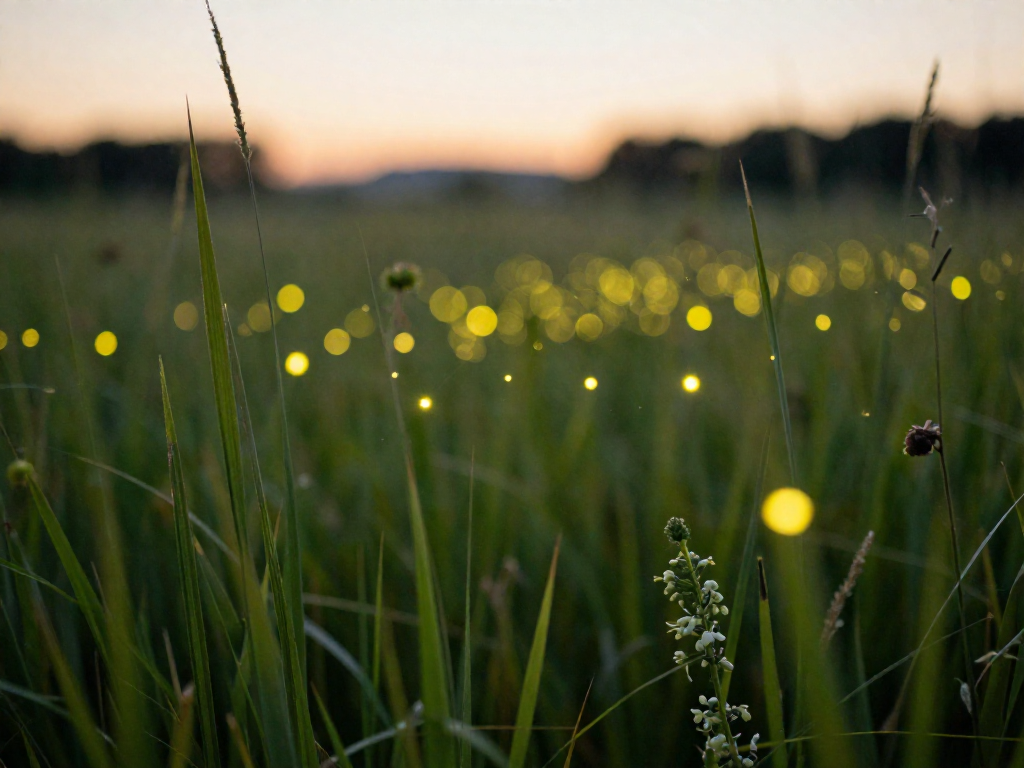 Fireflies glowing warm yellow-green over a grassy field at dusk